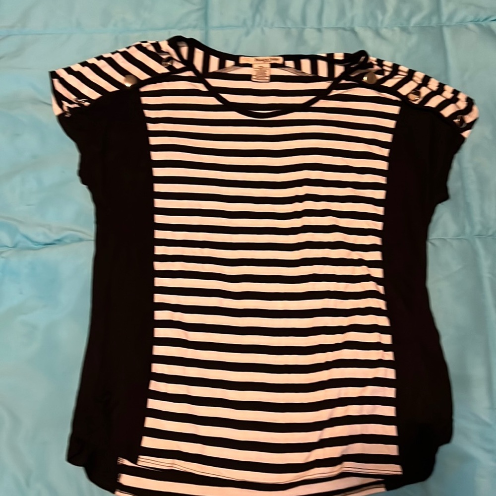 Slimming black striped shirt with silver buttons on the shoulder.  petite XL
